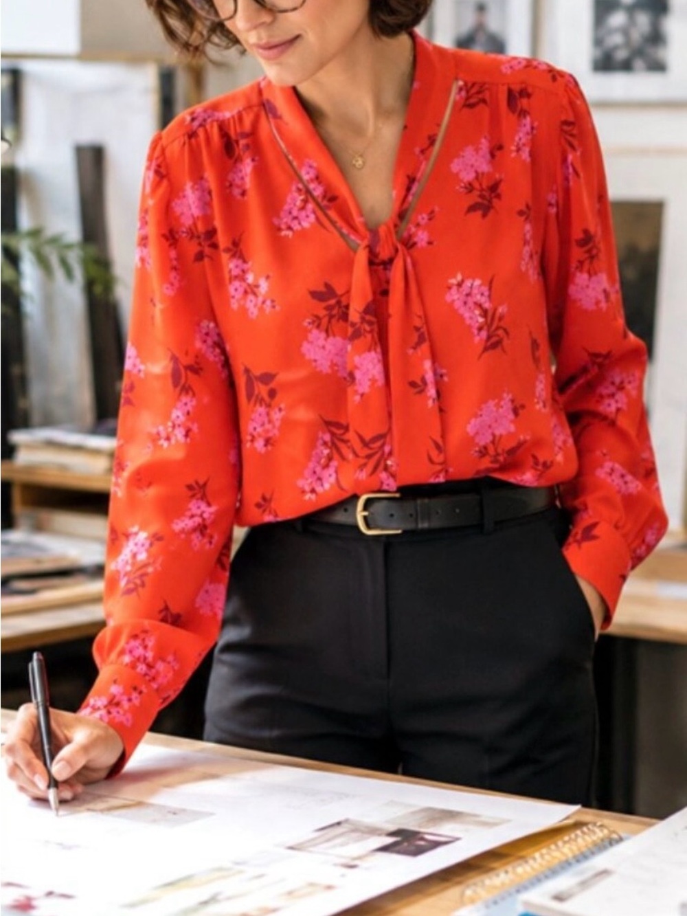 Ann Taylor Petite Red Floral Tie-Neck Blouse with Pink Accents